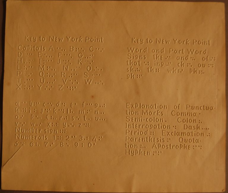 Une page de lettres romaines en relief et l’équivalence des lettres, des contractions et des signes de ponctuation surélevés en New York Point